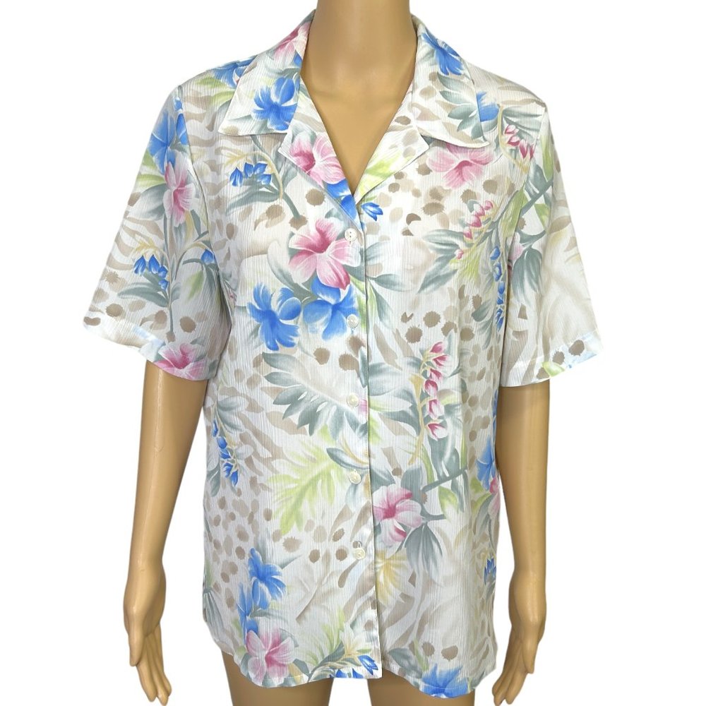 Vintage Alia Womens 10 Pink Blue Floral‎ Button Up Short Sleeve Blouse Shirt